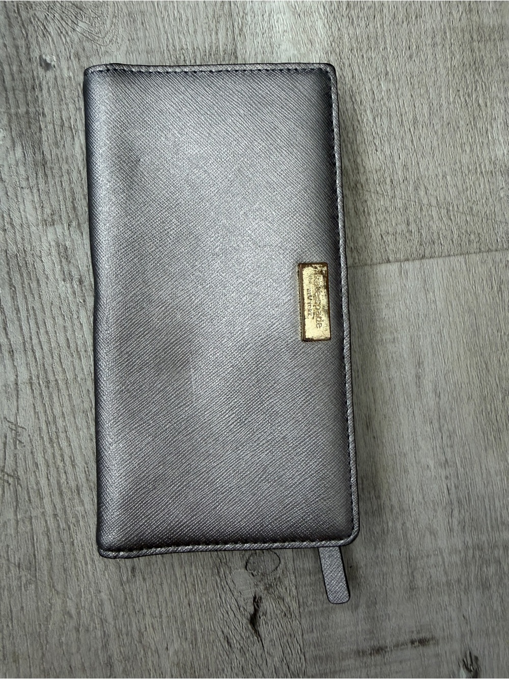 kate spade Metallic Pewter Zip Wallet with Gold Logo Plaque